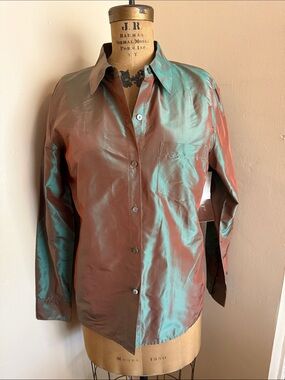 NWT Karen Kane Silk Iridescent Bronze Teal Blouse L Made USA